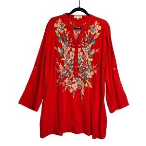 Solitaire Orange Floral Embroidered  Popover Tunic Top Roll Tab Sleeve Boho XL